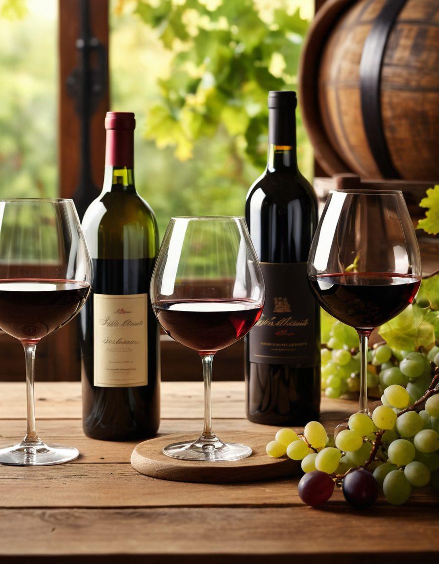 A sophisticated wine-tasting scene showcasing an elegantly set table with various wine glasses, a decanter, and bottles of different vintages. Include lush grapevines in the background and hints of oak barrels on the side. The atmosphere should evoke a sense of exploration and expertise, with warm, inviting lighting. super-realistic. vibrant colors. soft focus.