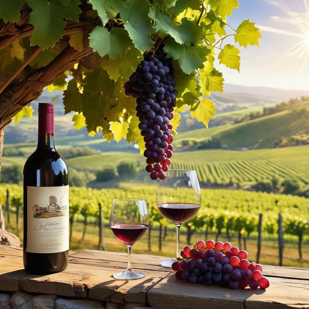 A stunning vineyard landscape, showcasing ripe purple grapes hanging on the vine, with an elegant wine glass in foreground reflecting the sun's rays. In the background, a rustic winery with barrels stacked and winding paths among the lush green hills. Capturing the essence of oenology, highlighting the journey from grape to glass. super-realistic. vibrant colors. panoramic view.