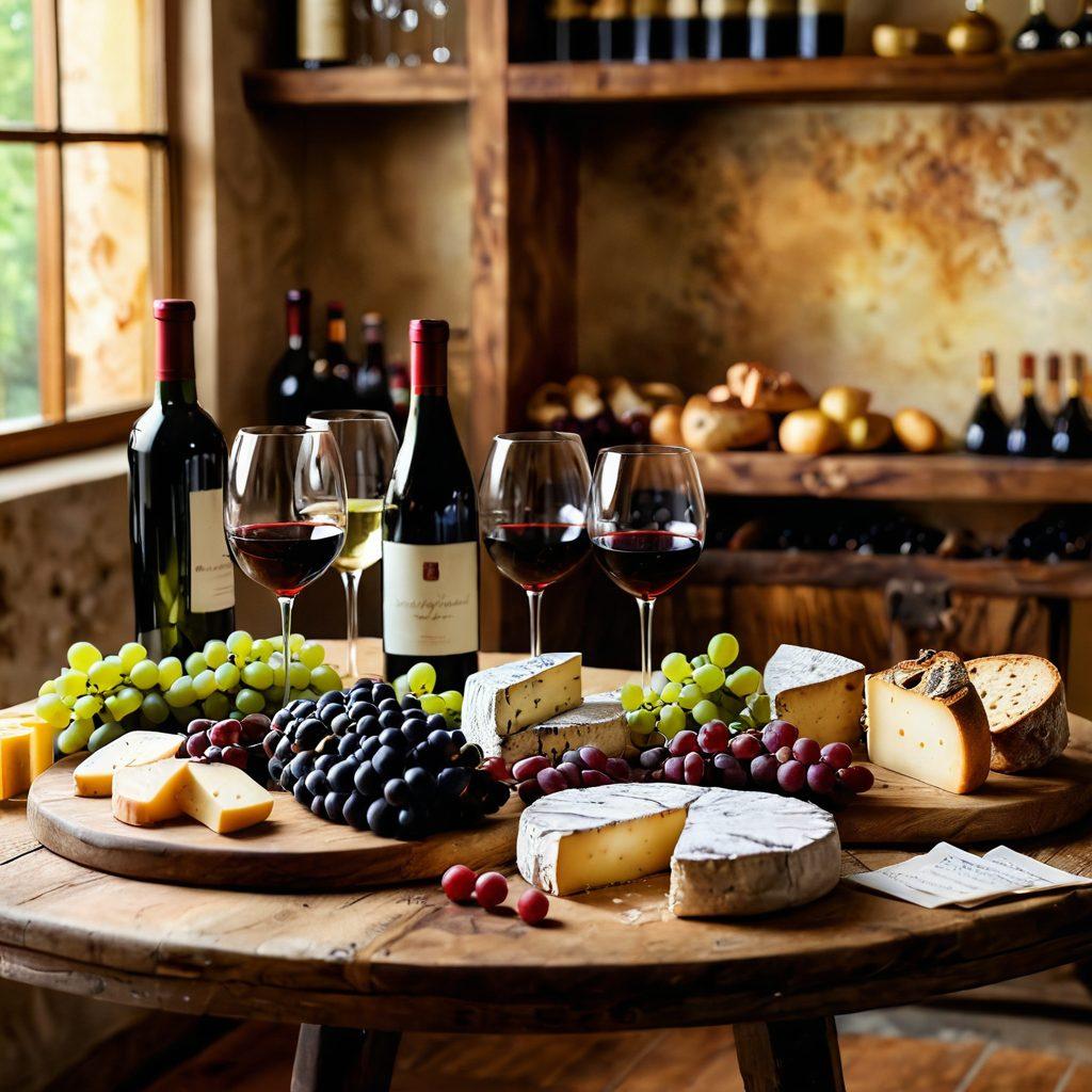 An elegant wine tasting scene with a beautifully set wooden table featuring an array of wine glasses half-filled with rich red and crisp white wines. Surround the table with a variety of gourmet cheeses, fruits, and artisanal breads enhancing the visual appeal. Soft ambient lighting creates a warm atmosphere with decorative wine bottles on a rustic shelf in the background. A subtle hint of grapevines and vineyard in the distance gives a sense of origin. painting. warm colors. soft focus.